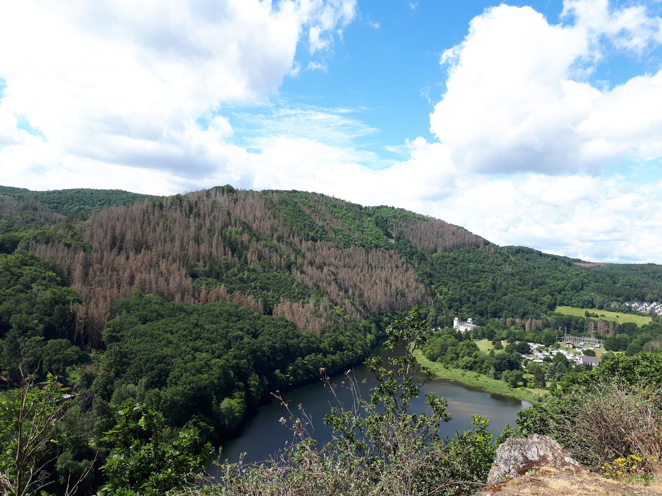 ein Bild von weit oben auf das Heimbacher Staubecken und die anliegenden Haeuser
